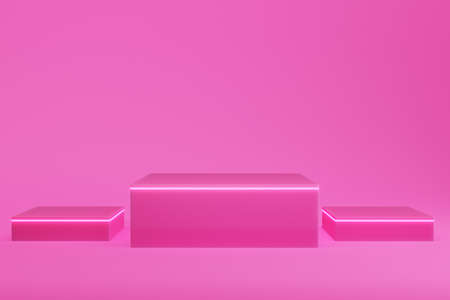 Abstract minimal background. Pink square pedestal with neon light for product display. 3d illustrationの写真素材