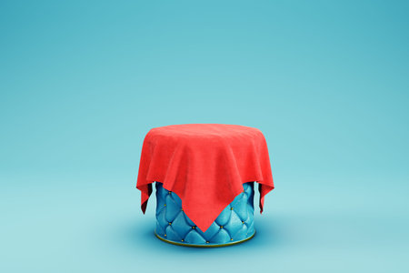 Abstract minimal background. Blue stitched cylinder pedestal covered by red fabric for product...