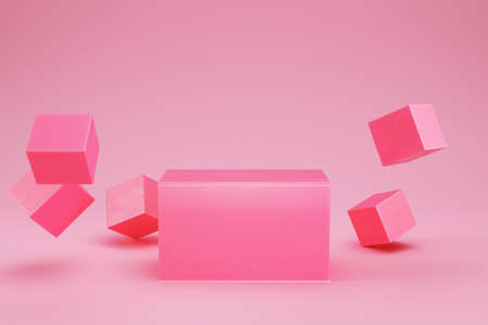 Pink rectangle pedestal with box shape geometry for product display. 3d renderの写真素材