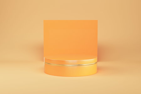 Abstract minimal background. Orange cylindrical pedestal with present boxes for product display. 3d...