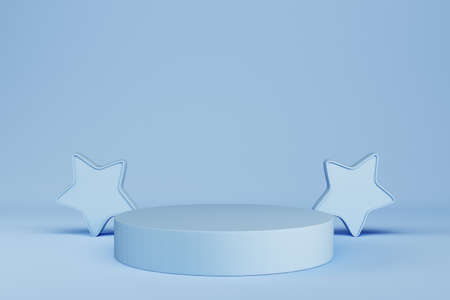Abstract minimal pastel background. Light blue cylindrical pedestal or podium with stars for product display. 3d illustrationの写真素材