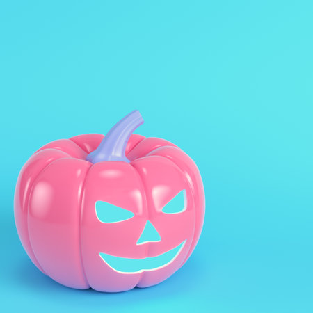 Pink halloween pumpkin near the gravestone on bright blue background in pastel colors. Minimalism concept. 3d renderの写真素材