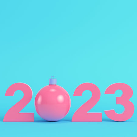 Pink christmas bauble on bright blue background in pastel colors. Minimalism concept. 3d render