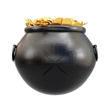 St. Patricks pot of golden coins with clover leaves in the front isolated on white background. 3d renderingの写真素材