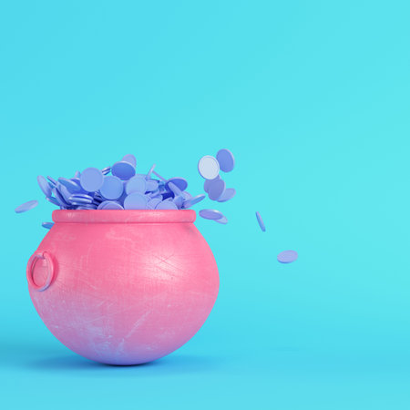 Pink St. Patrick`s day pot of gold coins on bright blue background in pastel colors. Minimalism...