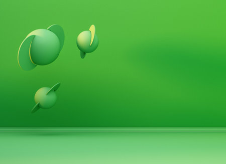 Minimalism green color empty interior scene with abstract objects. 3d renderingの写真素材
