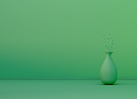 Minimalism green color empty interior scene with vase. 3d renderingの写真素材