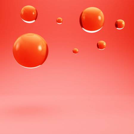 Abstract flying spheres on red background. 3d renderingの写真素材
