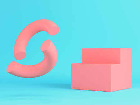 Abstract pink geometrical shapes for display product on bright blue background in pastel colors....
