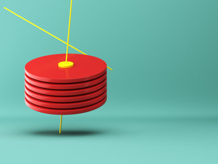 Abstract geometric shapes of red disks and yellow cylinders on bright background in pastel colors. Minimalism concept. 3d renderの写真素材