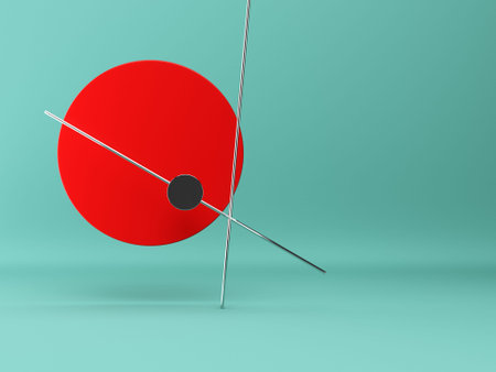Abstract geometric shapes red circle and chrome cylinders with copy space on bright background....