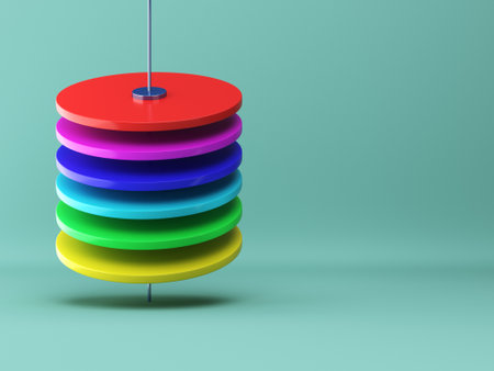 Abstract geometric shapes. Colorful disks on the chrome cylinder on bright background in pastel colors. Minimalism concept. 3d renderの写真素材