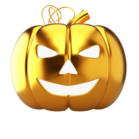 Halloween golden pumpkin jack o lantern isolated on white background. 3d renderingの写真素材