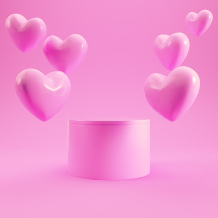Pink podium for product display with flying hearts on bright background in pastel colors. Minimalism concept. 3d renderの写真素材