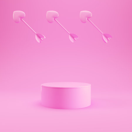 Pink podium for product display with crossed cupid arrows on bright background in pastel colors. Minimalism concept. 3d renderの写真素材