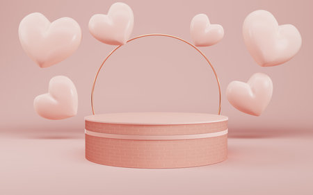 Cylindrical podium fro product display with hearts on bright cream color background in pastel colors. Minimalism concept. 3d renderingの写真素材