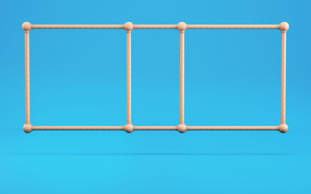 Abstract wooden geometrical frame shape on bright blue background 3d rendering