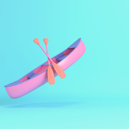 Pink canoe with paddles on bright blue background in pastel colors. Minimalism concept. 3d renderの写真素材
