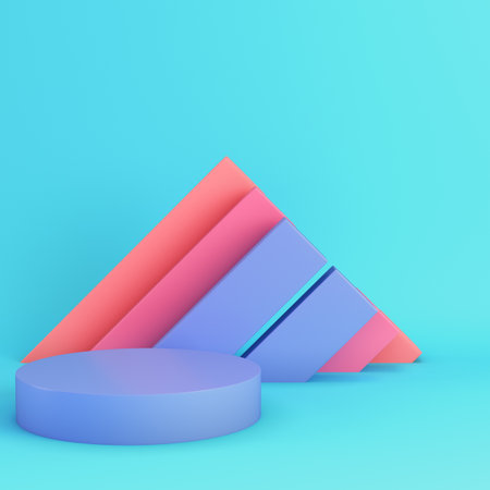 Cylindrical podium with panels on bright blue background in pastel colors for product displays, showcasing, and creative presentations. Minimalism concept. 3d renderの写真素材