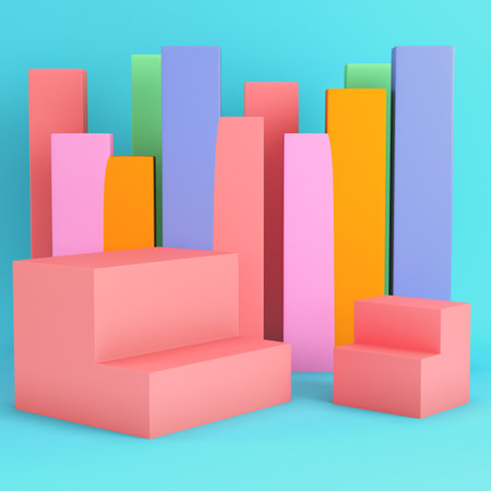Pink boxes with panel on bright blue background in pastel colors for product displays, showcasing, and creative presentations. Minimalism concept. 3d renderの写真素材