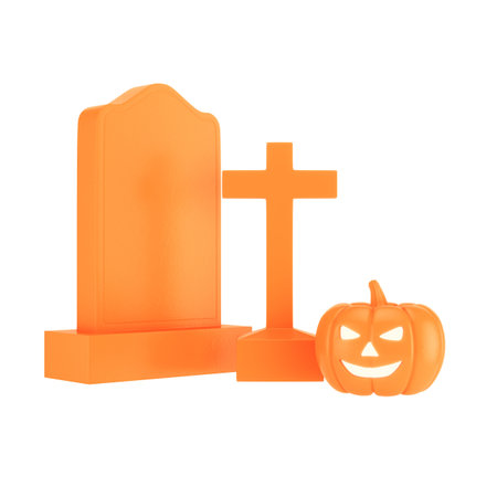 Glowing jack-o'-lantern pumpkin placed beside a tombstone and cross isolated on white background. 3d renderingの写真素材