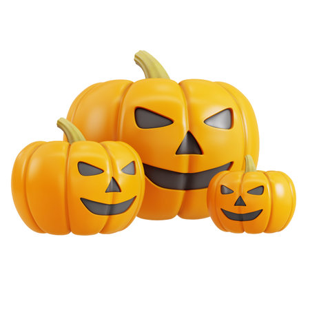 Three halloween Jack o lantern pumpkins with a spooky face isolated on white background. 3d renderingの写真素材