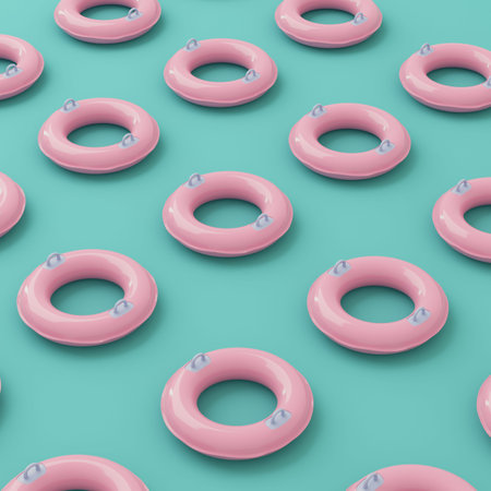 Seamless pattern of pink Inflatable swim rings on turquoise background in pastel colors. Minimalism...