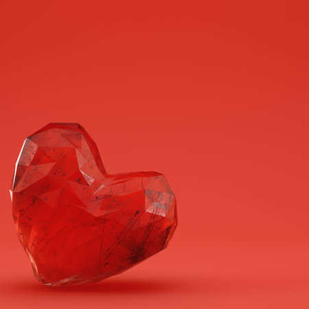 Red faceted crystal on red background. 3d renderの写真素材