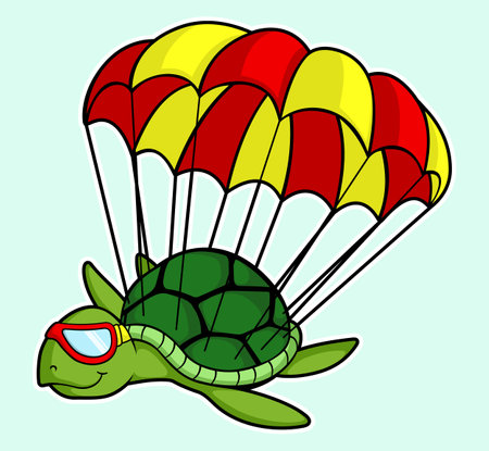 cartoon illustration of green turtle play skydiving in light blue backgroundのイラスト素材