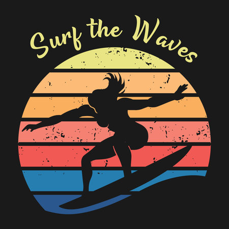 Illustration of silhouette girl on surfing board with colorful vintage style for summer poster