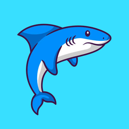 Vector Illustration of Cute Shark in Cartoon Hand Drawn Flat Style Isolated on Blue Backgroundのイラスト素材
