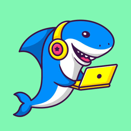 Vector Illustration of Cute Shark Wearing Headphone and Holding the Laptop in Cartoon Hand Drawn Flat Style Conceptのイラスト素材
