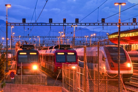 Electric train in Geneva rail yardのeditorial素材