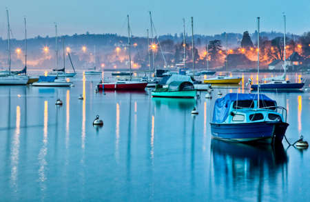 Sailboats moored in a small bay at Lake Geneva, Switzerland,のeditorial素材