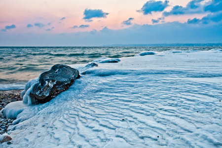 Ice texture at Lake Geneva Switzerland during the extreme cold weather in Europe in February 2012の写真素材