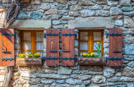 Medieval windows in the medieval village of Yvoire, Franceのeditorial素材
