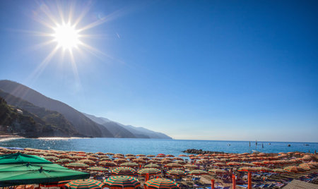 Colorful beach umbrella at the Monterosso beach, Cinque Terre,Liguria, Italyのeditorial素材