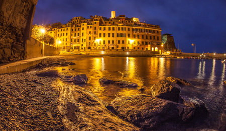 View of Vernazza, Cinque Terre, Italy at dawnの写真素材