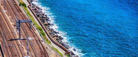 The Mediterranean seascape off Corniglia, Cinque Terre, Italyの写真素材