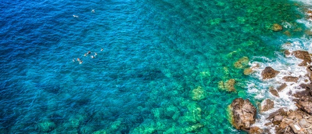 The Mediterranean seascape off Corniglia, Cinque Terre, Italyの写真素材