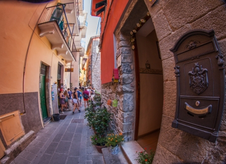 Corniglia, Cinque Terre, Italy. August 6, 2012. Corniglia buildings, and street view.のeditorial素材