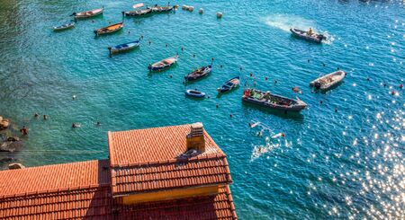 Vernazza, Cinque Terre, Italy. August 8, 2012. View of Vernazza harbor in summer.のeditorial素材