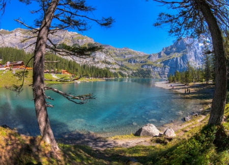 The Oeschinen mountain lake ot Oeschinensee in Kandersteg, Switzerland のeditorial素材