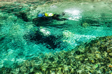 Lavertezzo, Verzasca Valley, Ticino, Switzerland. September 15th 2012. Scuba diving in Verzasca riverのeditorial素材