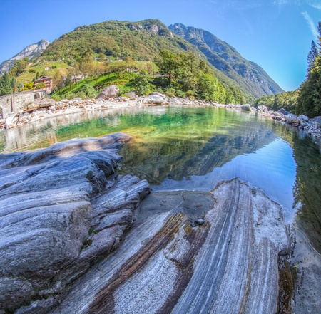 Verzasca River landscape at Levertazzo, Ticino, Switzerlandの写真素材