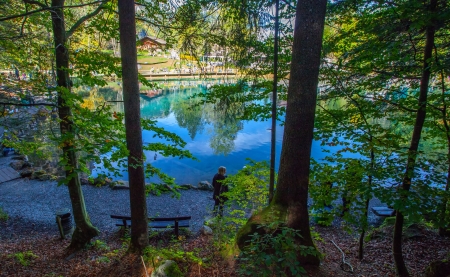 Blausee, Switzerland, October 6th, 2012. Tourists enjoying the view of the crystal clear lake at Blausee, Switzerland.のeditorial素材