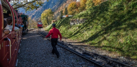 Brienzer-Rothorn, Switzerland, October 20th, 2012. The Brienz-Rothorn railway track still serviced by steam engine locomotives, to the viewing area on top of Rothorn mountains.のeditorial素材