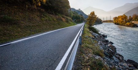 View of Rhone river banks near Martigny, Switzerland の写真素材