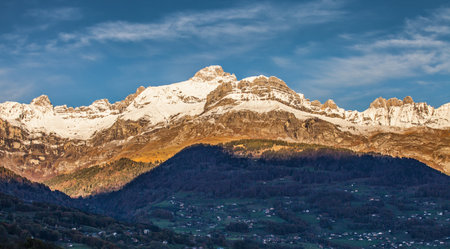 View of Aravis mountain range from Lac du Passy, France