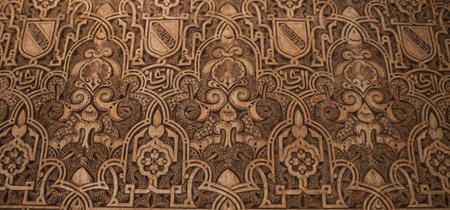 December 15th 2012. Alhambra, Granada, Spain. Arabic script carving at Nasrid Palace, Alhambra, Granada, Spain.のeditorial素材